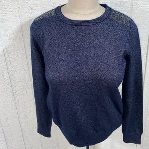 PURE Cashmere Blue Crew Neck Sweater Silver Metallic Threads Rhinestone 4 NWOT